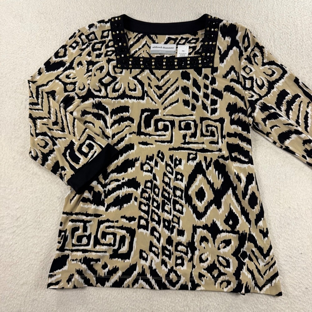 Alfred Dunner Blouse Womens PS Tan Black Excellent Geometric Studded Square Neck